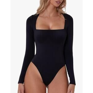 Qinsen Sexy Square Neck Long Sleeve Bodysuit NWT XS Black Stretchy Snap Bottom